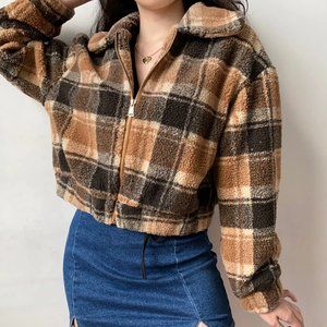 Checked Fuzzy Teddy Short Jacket Coat (size 4)